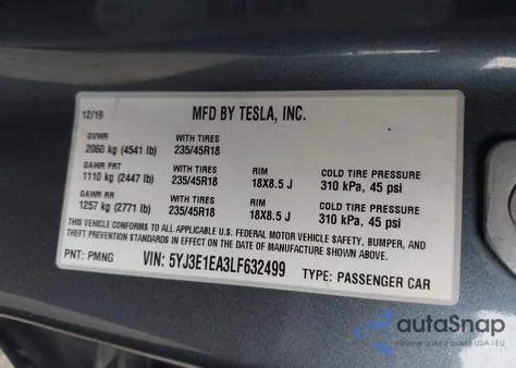 2020 Tesla Model 3 Standard Range Plus Rear-Wheel Drive/Standard Range Rear-Wheel Drive из США, поврежденный, VIN 5YJ3E1EA3LF632499